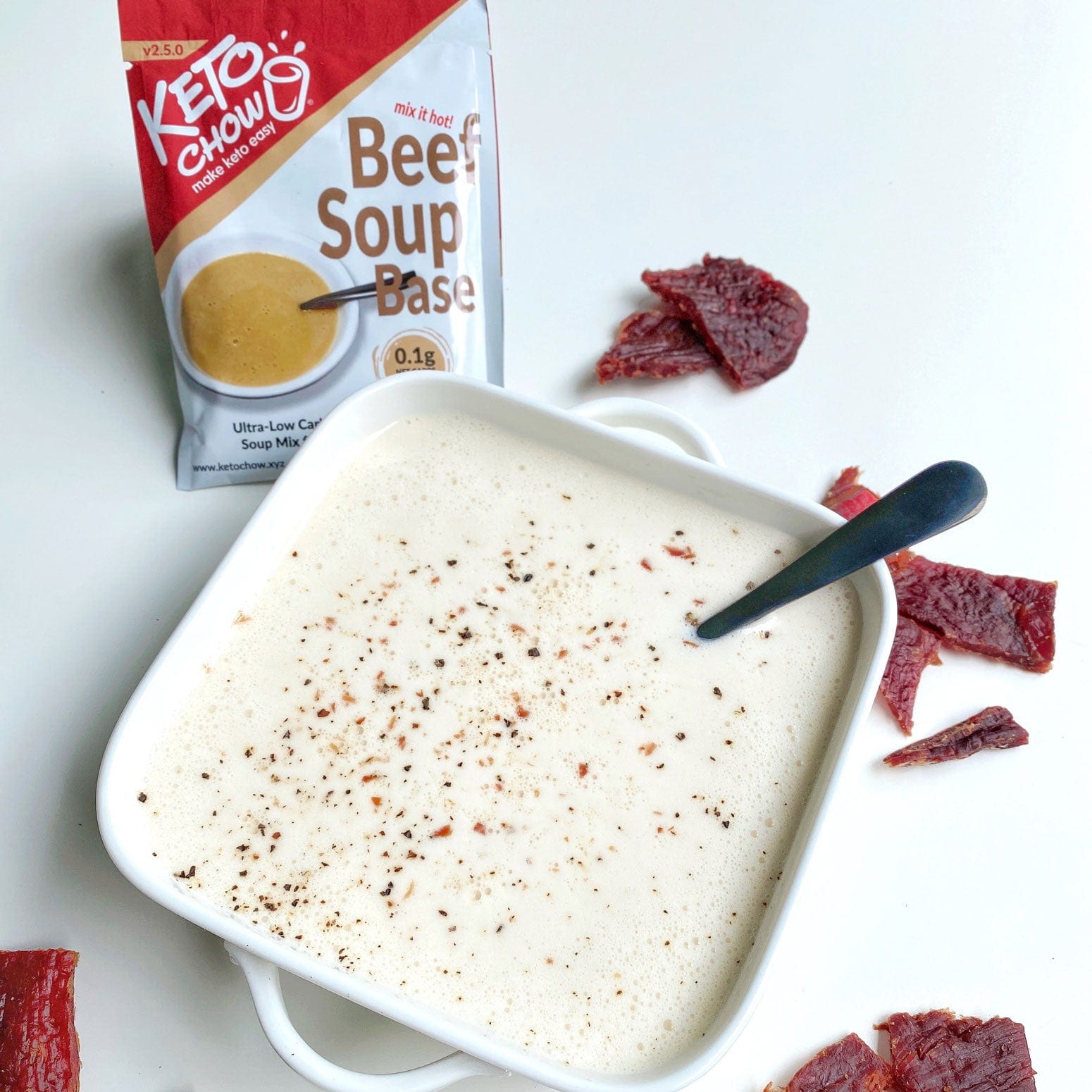 Beef Soup Base Keto Chow Single Meal Packet with beef soup bowl