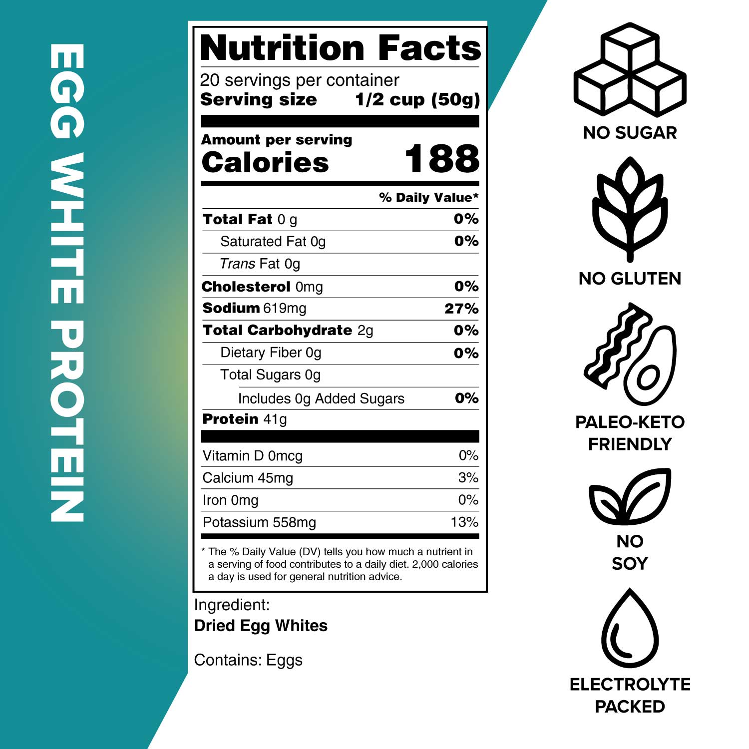 Dried egg white protein powder nutrition label. For more info visit ketochow.xyz/nutrition