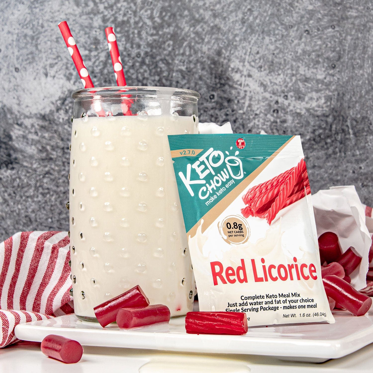 Red Licorice Keto Chow Single Meal Packet and shake