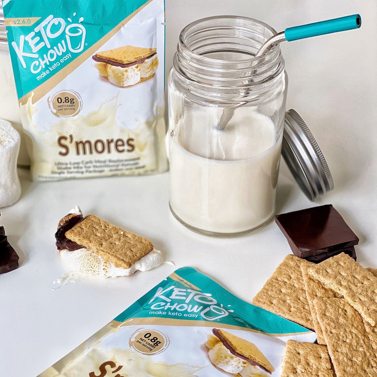 S'mores Keto Chow Single Meal Packet and shake