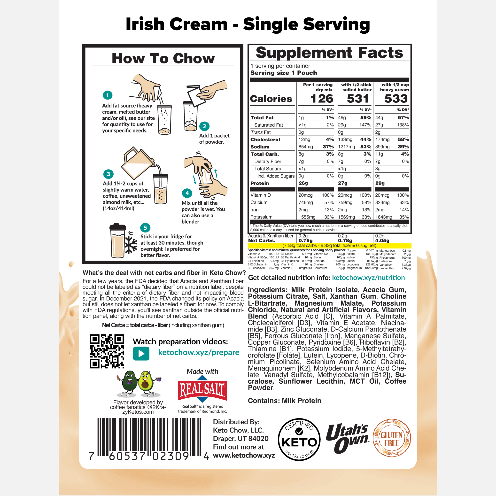 Irish Cream single serving back of package