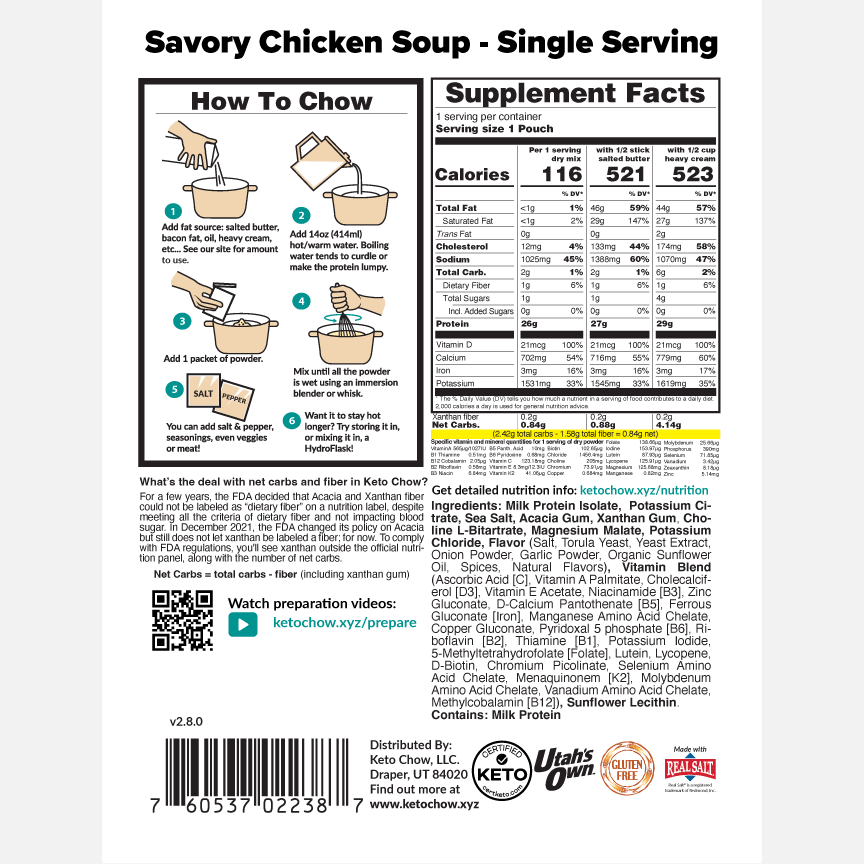 Savory Chicken Soup nutrition label. For more info visit ketochow.xyz/nutrition