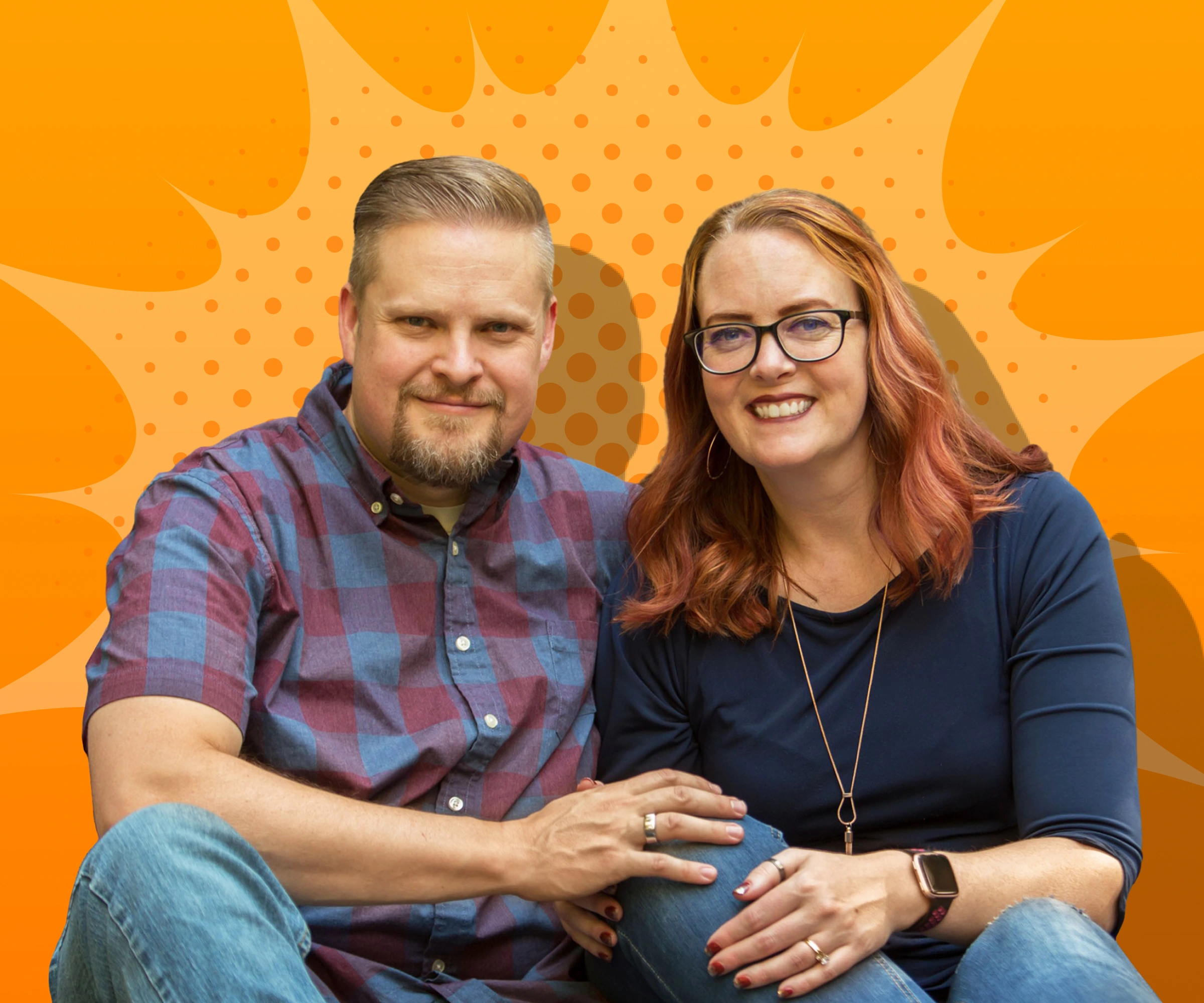 Chris and Miriam Bair on a orange background.